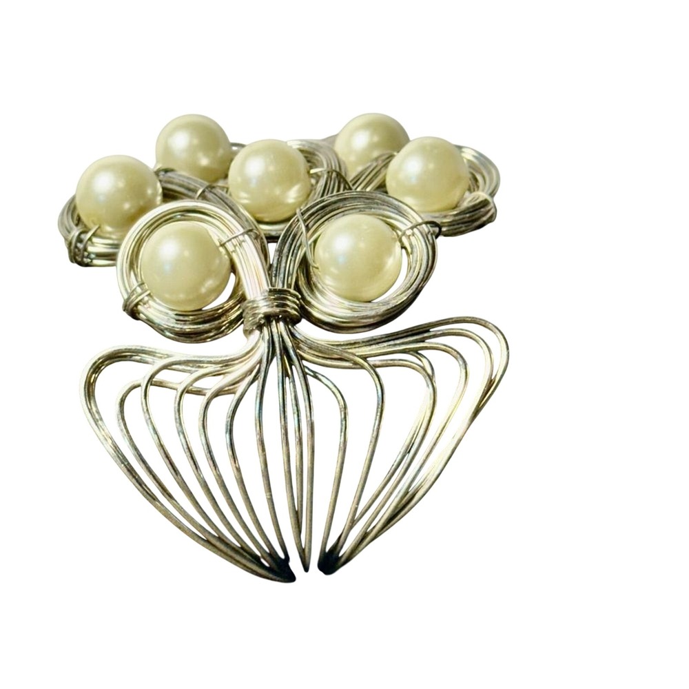 Elegant Silver Tone Wire Wrapped Cuff Bracelet with Cream Faux Pearls